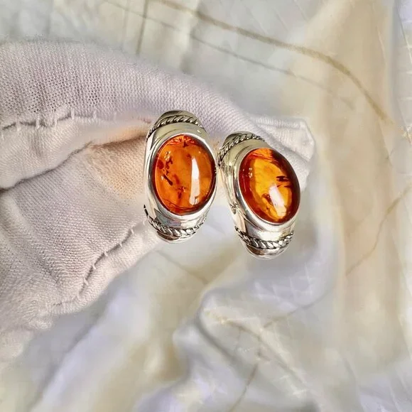 Vintage Sterling Silver Amber Earrings, Sterling Silver Earrings, Amber J - Picture 6 of 10